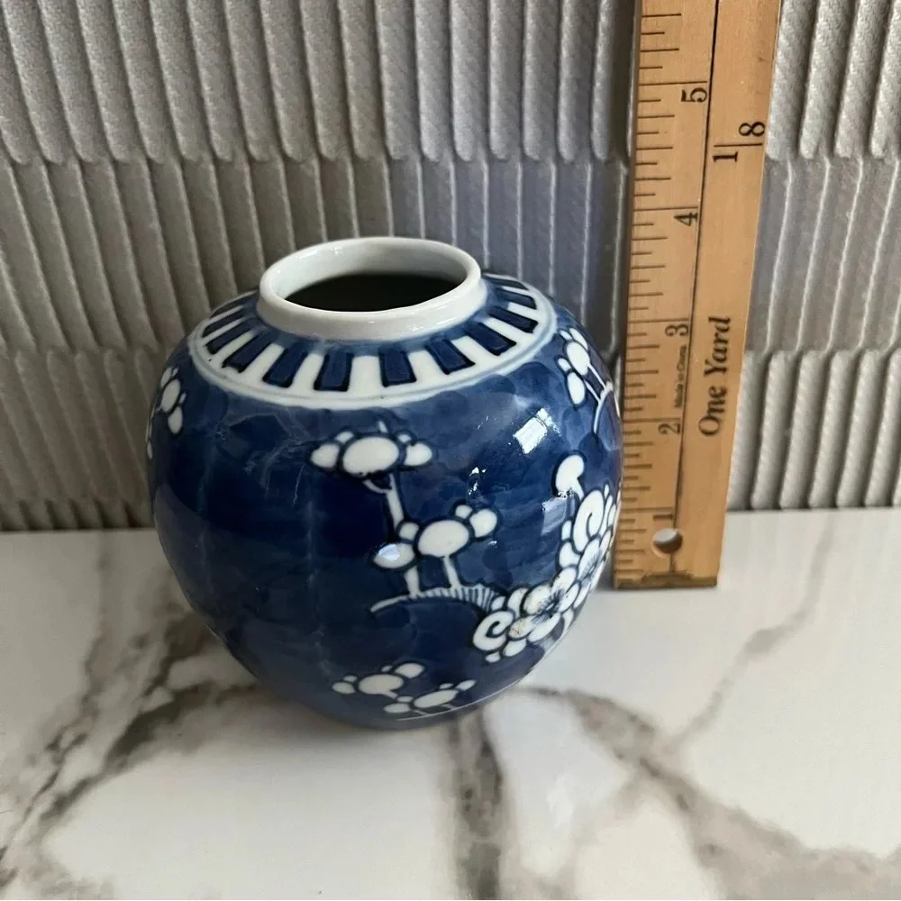 Vintage Chinoiserie Cherry Blossom Blue White Ginger Jar Floral Vase Home Decor